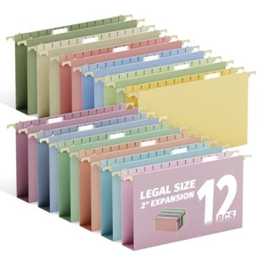 Imagem de Ansook Pastas de arquivo suspensas de plástico tamanho legal, capacidade extra de 5 cm, pastas de arquivo expansíveis para pendurar com abas, pacote com 12 pastas para arquivo, organizador de arquivos