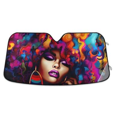 Imagem de Cabelo Afro Colorido Mulher Afro Auto Para-brisa Protetor Solar Bloqueia Raios UV Janela Dianteira Carro Protetor Solar Mantém o Veículo Fresco Pequeno