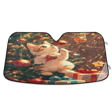 Imagem de Capa de para-brisa de árvore de Natal de gato curioso para para-sol carro janela dianteira mantém o veículo fresco médio