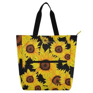 Imagem de GAIGEO Vibrante Girassóis Preto Bolsa de Trabalho Feminina Lona Praia Escola Sacola Presente para Professores para Amantes de Livros Bolsas