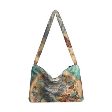 Imagem de Bolsa de ombro de pelúcia Wild Wolf with Eyes Behind Broken Wall, sacola feminina jovem, bolsas de outono, Gato deitado em uma pizza na água, One Size