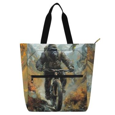 Imagem de GAIGEO Bolsa feminina Gorilla Riding Mountain Bike para trabalho, lona, praia, livros, bolsa com zíper, para amantes de livros
