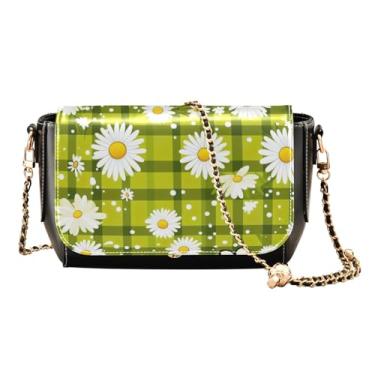 Imagem de Girassol em uma bolsa tiracolo amarela com bolso, bolsa de ombro de couro transversal, bolsas transversais de couro para mulheres, Xadrez verde com margaridas brancas-4, One Size