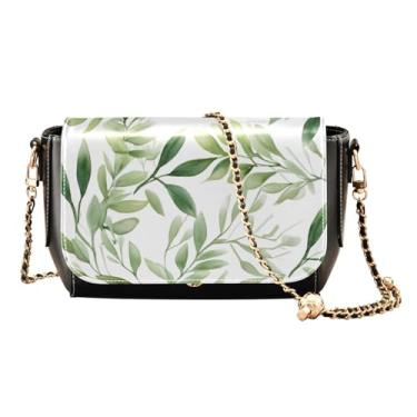 Imagem de Bolsa de ombro feminina de couro Flower on Black, bolsas transversais para mulheres, couro pequeno, alça transversal de corrente dourada, Aquarela verde folhas e ramos 1, One Size