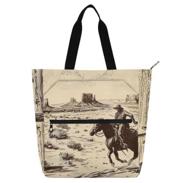 Imagem de GAIGEO Bolsa feminina vintage de cowboy cavalo deserto para trabalho de lona com zíper bolsa de praia carteiro presente para amantes de livros