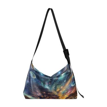 Imagem de Bolsa tiracolo grande de couro com macieiras de outono, bolsa tiracolo moderna, bolsa masculina de couro, Estrelas no céu com árvore - 2, One Size