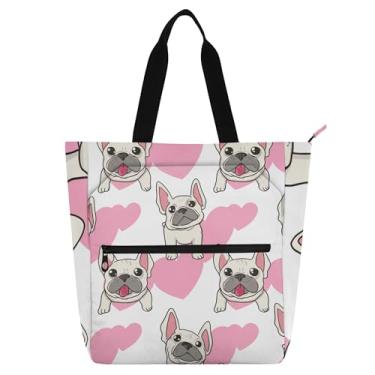 Imagem de Linda bolsa feminina de desenho animado buldogue francês para trabalho lona praia livro bolsa zíper bolsas professores amantes de livros presentes