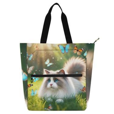 Imagem de Ragdoll Bolsa de trabalho floral de gato para mulheres, lona, praia, escola, bolsas para professores, presente para amantes de livros