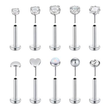 Imagem de Incaton Brincos de pino de 20 g com costas planas sem fio, coração, lua, cartilagem, lábio, medusa, coração, redondo, quadrado, zircão, nariz, joia de aço inoxidável, Metal, Zircônia cúbica