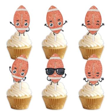 Imagem de 18 peças com glitter fofo futebol rúgbi esporte cupcake Topper Cheer to Touchdown tema dia de jogo decoração de aniversário para homens mulheres feliz aniversário decoração suprimentos
