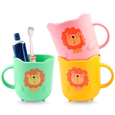 Imagem de IUMLXJO Copo de escova de dentes de leão fofo, 3 peças de suporte de copos de banheiro de plástico inquebrável, reutilizável, lavável na lava-louças, copo portátil para enxaguante bucal portátil para