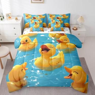 Imagem de Erosebridal Jogo de cama solteiro com desenho de pato de desenho animado, 7 peças, cama de pato de borracha amarela em uma bolsa, conjunto de cama de animal de desenho animado inclui edredom, conjunto