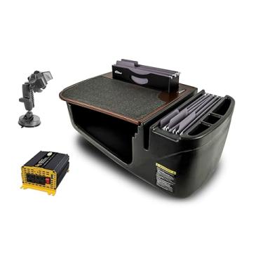 Imagem de AutoExec Mesa de carro Efficiency FileMaster para sua estação de trabalho de veículos e escritório móvel, mogno, com inversor de potência de 400 watts e suporte de telefone com sucção