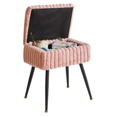 Imagem de Aibiju Banqueta retangular para penteadeira com armazenamento, banco de veludo para os pés, banquinho de maquiagem com 4 pernas de metal, para sala de estar, sala de estar, quarto, rosa, YD-MS151P