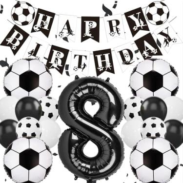 Imagem de Balões de futebol, número de 8 balões pretos de 101 cm, faixa de feliz aniversário de futebol, balão preto branco de 30 cm, decorações de 8 anos para meninos