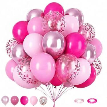 Imagem de 60 balões de festa de 30 cm, balões de látex rosa vermelho e rosa brilhante com fita, balões de festa de festival, festa de aniversário, decorações de arco de balões de casamento