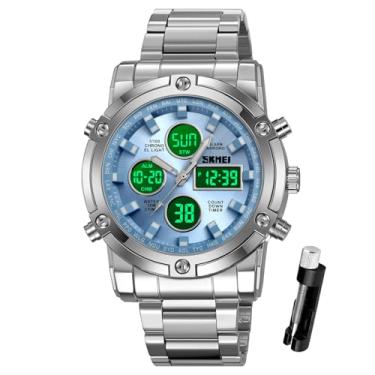 Imagem de SKMEI Relógio de pulso masculino, relógios digitais analógicos militares à prova d'água com cronógrafo multihorário de LED, relógios executivos de aço inoxidável para homens, 2556-PinkBlue