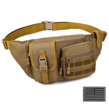 Imagem de Pochete tática para homens, pochete pequena de pesca, bolsa de cinto ajustável, bolsas EDC, suporte de garrafa, bolsa para pesca ao ar livre, trilhas, com emblema da bandeira dos EUA (bronzeado)
