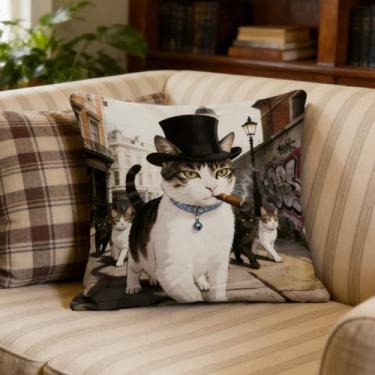 Imagem de Capas de almofada, 43 cm x 43 cm, decoração de capa de almofada xadrez de linho com padrões de gato, fronhas quadradas com zíper para sofá (estilo 2)