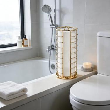 Imagem de Suporte de papel higiênico - Armazenamento independente de papel higiênico, organizador de banheiro dourado, suporte de rolo de papel higiênico de 3 mega rolos para embaixo da pia, penteadeira