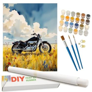 Imagem de Kit de pintura de prado de motocicleta por números para adultos – Pintura de moto preta DIY em tela enrolada 40,6 x 50 cm, conjunto de tinta acrílica, adequado para iniciantes, arte para decoração de