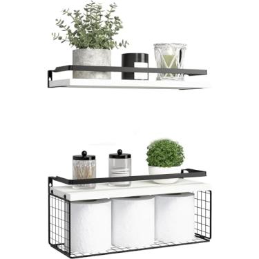 Imagem de Prateleiras flutuantes com sinal de decoração parede banheiro sobre o vaso sanitário cesto armazenamento arame madeira guarda metal protetora