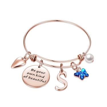 Imagem de Pulseiras com pingente inicial para mulheres joias presentes Be Your Own Kind of Beautiful Pulseira de borboleta expansível inspiradora de aço inoxidável letra A-Z presentes de aniversário e Natal