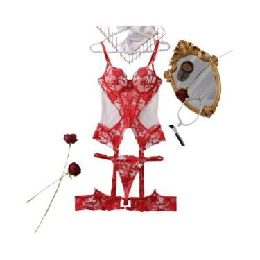 Imagem de Conjunto De Lingerie Vermelha Slim Fit Bordada Com Incrustação De Pedr