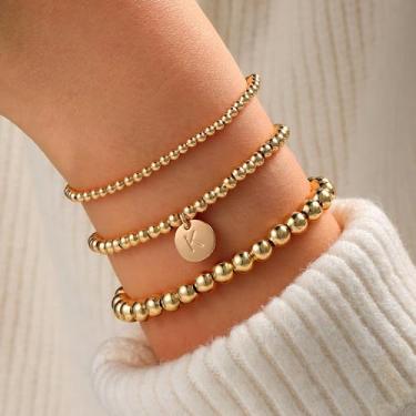 Imagem de 3 peças de pulseiras delicadas com contas de ouro 14K banhadas a ouro 14K para mulheres, presentes letra A-Z, contas de ouro modernas, pingente de disco, monograma, pulseira de aniversário, Natal