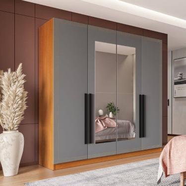 Imagem de Guarda Roupa Roupeiro 4 portas 4 gavetas com Espelho Valência Freijó Cinza Politorno Móveis