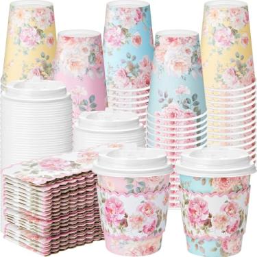 Imagem de Jingmore 48 peças de copos de café de papel floral com tampas e mangas design de flores coloridas xícaras de café descartáveis para chá de festa de casamento, recepção de casamento, suprimentos de chá