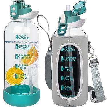 Imagem de Seekua Garrafa de água de vidro esportiva grande de 1,8 l com canudo e marcador de tempo, garrafa motivacional de vidro diário de 1,8 l com alça para água com infusão de frutas, smooththie, café