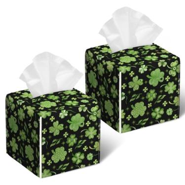Imagem de Capa de caixa de lenços de trevo verde trevo 2 peças, suporte de caixa de lenços de couro de São Patrício, caixa de papel facial quadrada, organizador de cubos para banheiro, quarto, mesa, escritório