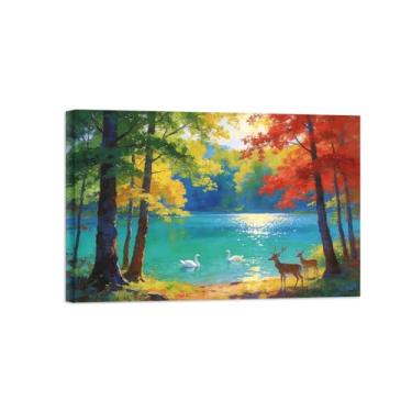 Imagem de Impressão em tela de paisagem de arte de parede - outono floresta lago - quadros de pintura de decoração para sala de estar pronta para pendurar tela embrulhada 50 x 75 cm 20 x 30 pol