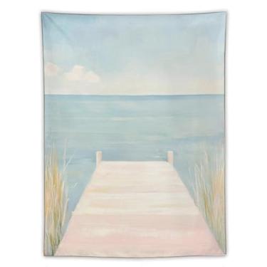 Imagem de Tapeçaria pastel cais vista oceano cena de água calma estilo pintura a óleo pendurado na parede decoração de casa costeira para quarto sala de estar Serene Vibe60 x 80 tapeçaria