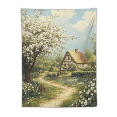 Imagem de Tapeçaria de casa de campo de colmo de primavera, pintura a óleo, caminho de árvore branca, decoração de jardim rural pitoresco para sala de estar, quarto, decoração de arte de natureza sazonal