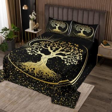 Imagem de Homewish Jogo de cama Queen Tree of Life, preto sol e lua para decoração de quarto de crianças, meninas, adolescentes, adultos, natureza, estrelado, glitter, conjunto de edredom abstrato, dourado, 2