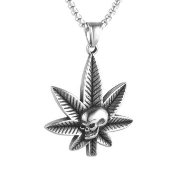 Imagem de Colar masculino e feminino punk hip hop rock crânio folha de cânhamo, aço inoxidável 316L, corrente de pérola quadrada de aço inoxidável prata, joia retrô talismã