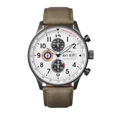 Imagem de AVI-8 Relógio masculino Hawker Hurricane clássico de 42 mm com cronógrafo piloto de quartzo japonês com pulseira de couro AV-4011, Marfim em tons de cinza, Cronógrafo clássico
