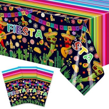 Imagem de Toalha de mesa de plástico 54 x 108 polegadas Cinco De Mayo Fiesta de 3 peças – Capa de mesa retangular descartável listrada colorida com cacto sombrero para festas de taco, decoração interna e