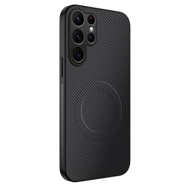 Imagem de POYUFRG Capa magnética para Samsung Galaxy S26 Ultra/S26 Plus/S26, capa fina de couro com padrão de fibra de carbono capa de proteção de lente com tudo incluído, preta, S26 Plus