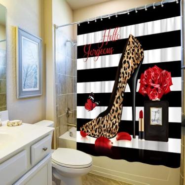Imagem de Cortina de chuveiro listrada preta branca moda meninas Hello Gorgeous Brown High Heel Perfume Bottle Get Naked Batom Maquiagem Rosa Flor Amor Tema Mulher Acessórios de banheiro Tecido com gancho 177