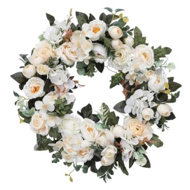 Imagem de Fancyes Guirlanda artificial para pendurar na parede, ideal para decoração de porta de entrada. Arranjo floral para interiores, guirlanda de 45 cm de diâmetro, Branco