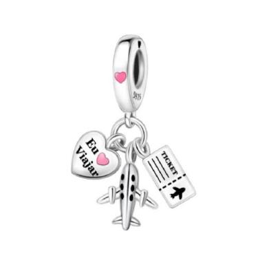 Imagem de Berloque Pingente Triplo Viagem Avião Passagem Ticket Eu Amo Viajar - 