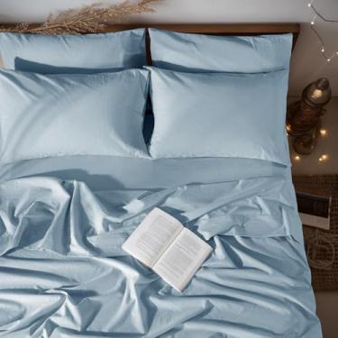 Imagem de LBRO2M Jogo de lençol 100% linho, tamanho casal, conjunto de lençóis de 6 peças, linho natural de cor lisa, macio, respirável, bolso profundo de 41 cm, todas as estações (casal, azul empoeirado)