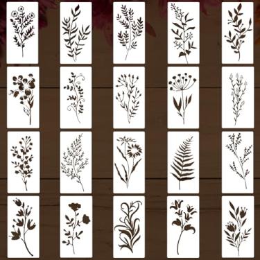 Imagem de 20 peças de estênceis de flores para pintura, estênceis florais botânicos reutilizáveis de 15 x 7,6 cm, auxiliares de desenho de plástico para tela de parede de madeira, confecção de cartões e