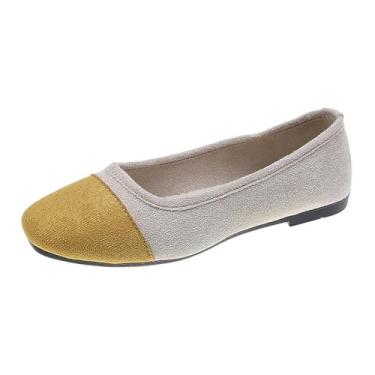 Imagem de Tênis feminino casual color block com boca rasa e bico redondo, cabedal macio, tamanho grande para uso versátil, Amarelo, 39