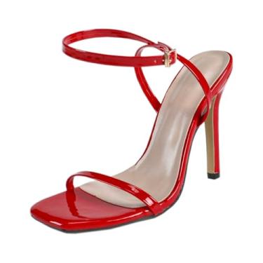 Imagem de XPINYT Sandálias femininas de salto quadrado sexy com bico aberto, salto agulha de 10 cm, sapatos elegantes para festa de casamento e banquete, Vermelho, 36