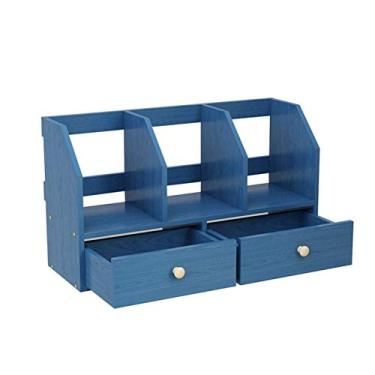 Imagem de Estante MDF, estante de livros para escritório, mesa, prateleira, quarto, multicamadas, prateleiras multifuncionais com 2 gavetas (azul)