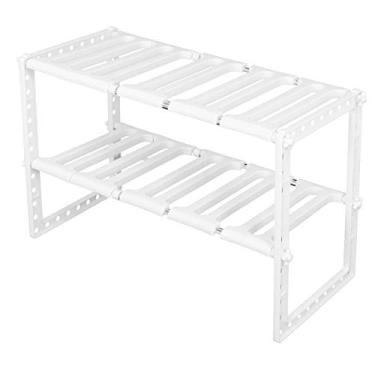 Imagem de Rack de armazenamento organizador de pia, prateleira telescópica ajustável, camada dupla, economia de espaço, cozinha, banheiro, suporte branco pp, aço inoxidável 38 70cm